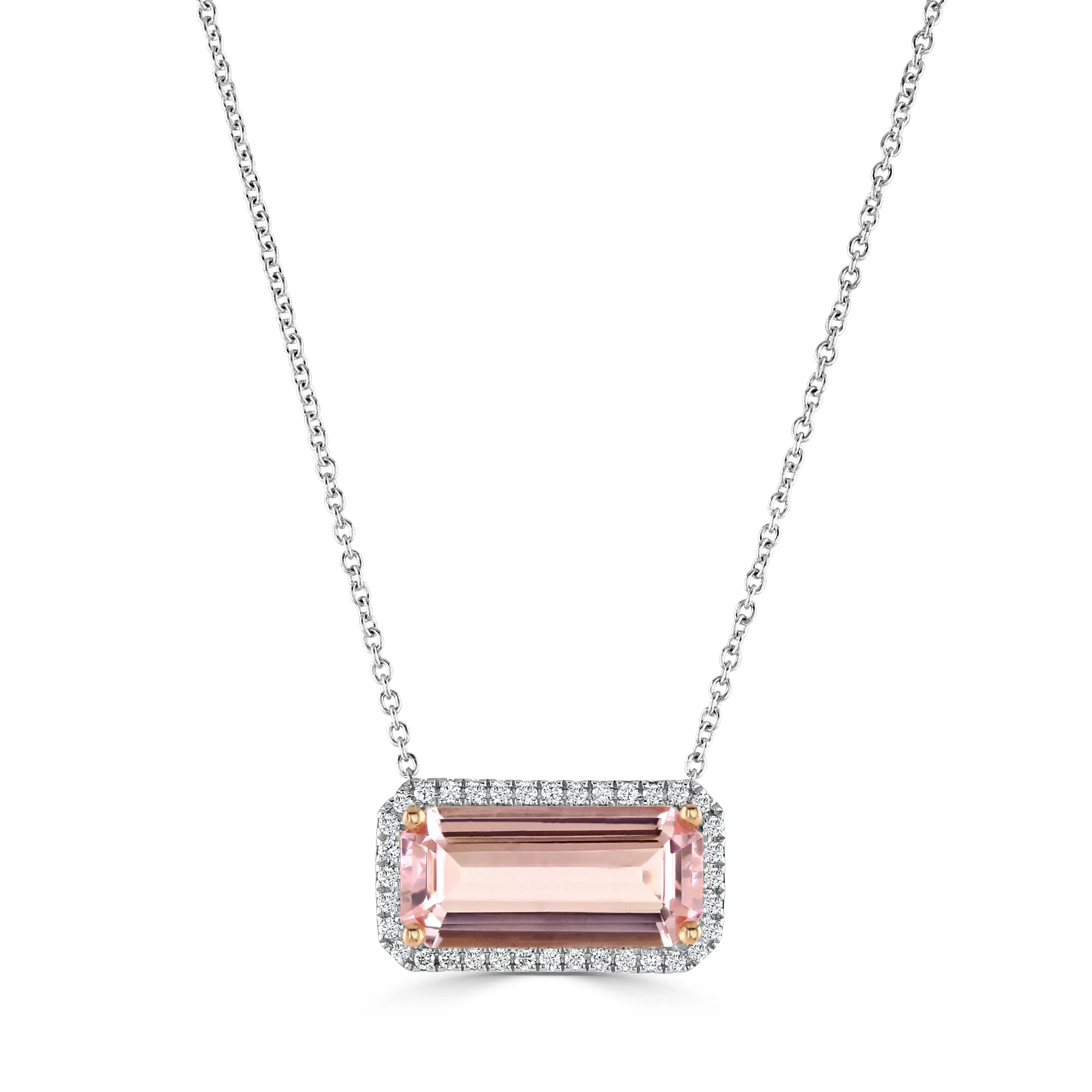 18ct White And Rose Gold 1.00ct Octagon Cut Morganite And 0.13ct Diamond Halo Necklace