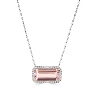 18ct White And Rose Gold 1.00ct Octagon Cut Morganite And 0.13ct Diamond Halo Necklace