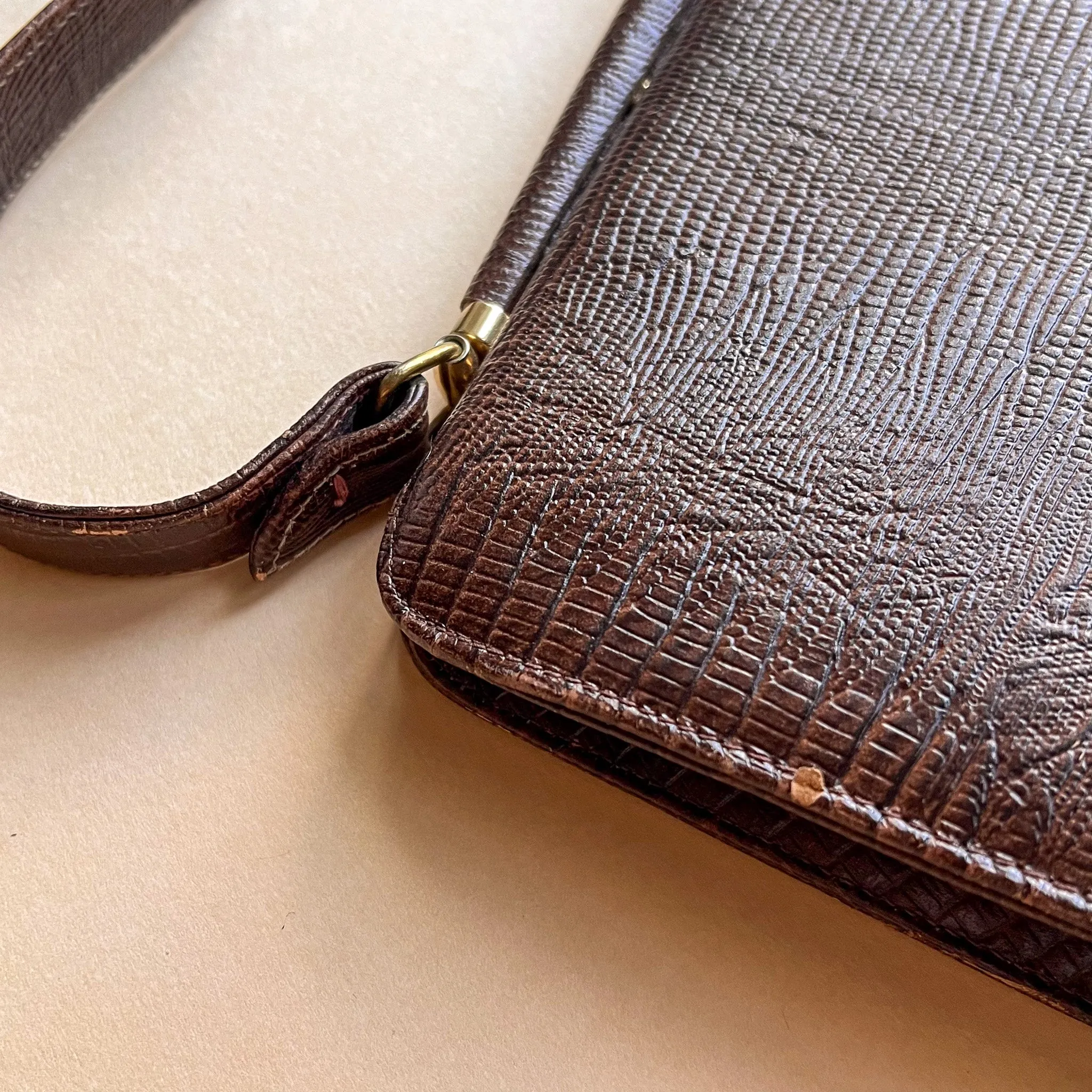 1950s Chocolate Brown Faux Lizard Handbag