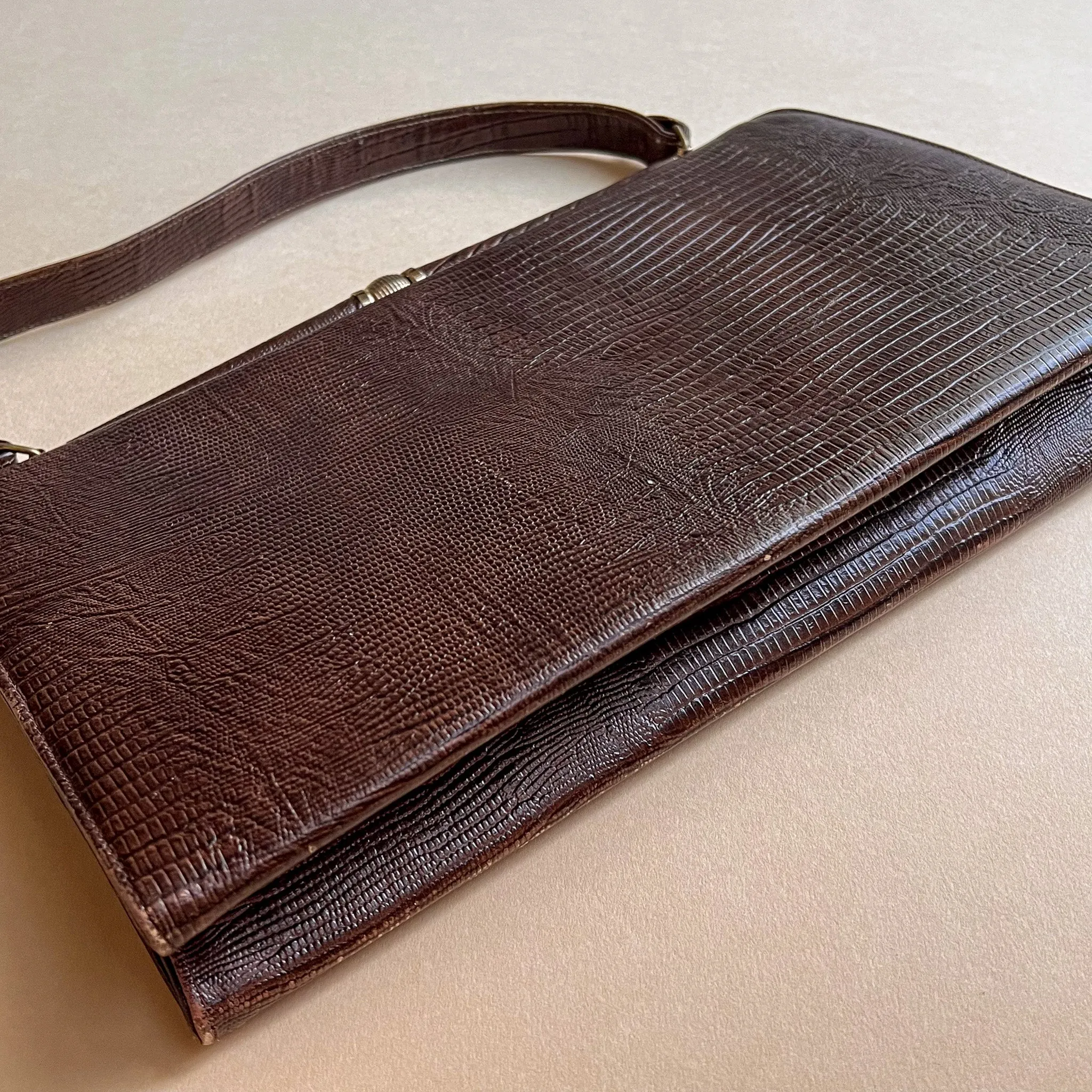 1950s Chocolate Brown Faux Lizard Handbag