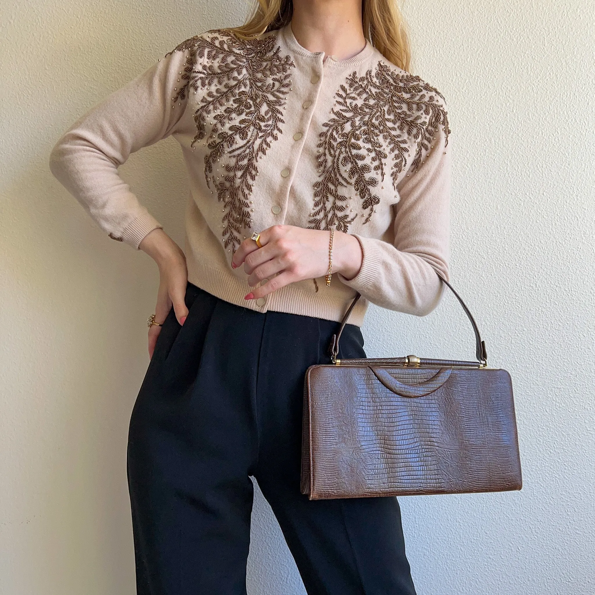 1950s Chocolate Brown Faux Lizard Handbag