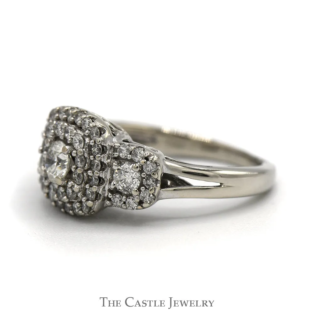 1cttw Three Stone Diamond Ring with Double Halo and Split Shank Sides in 10k White Gold