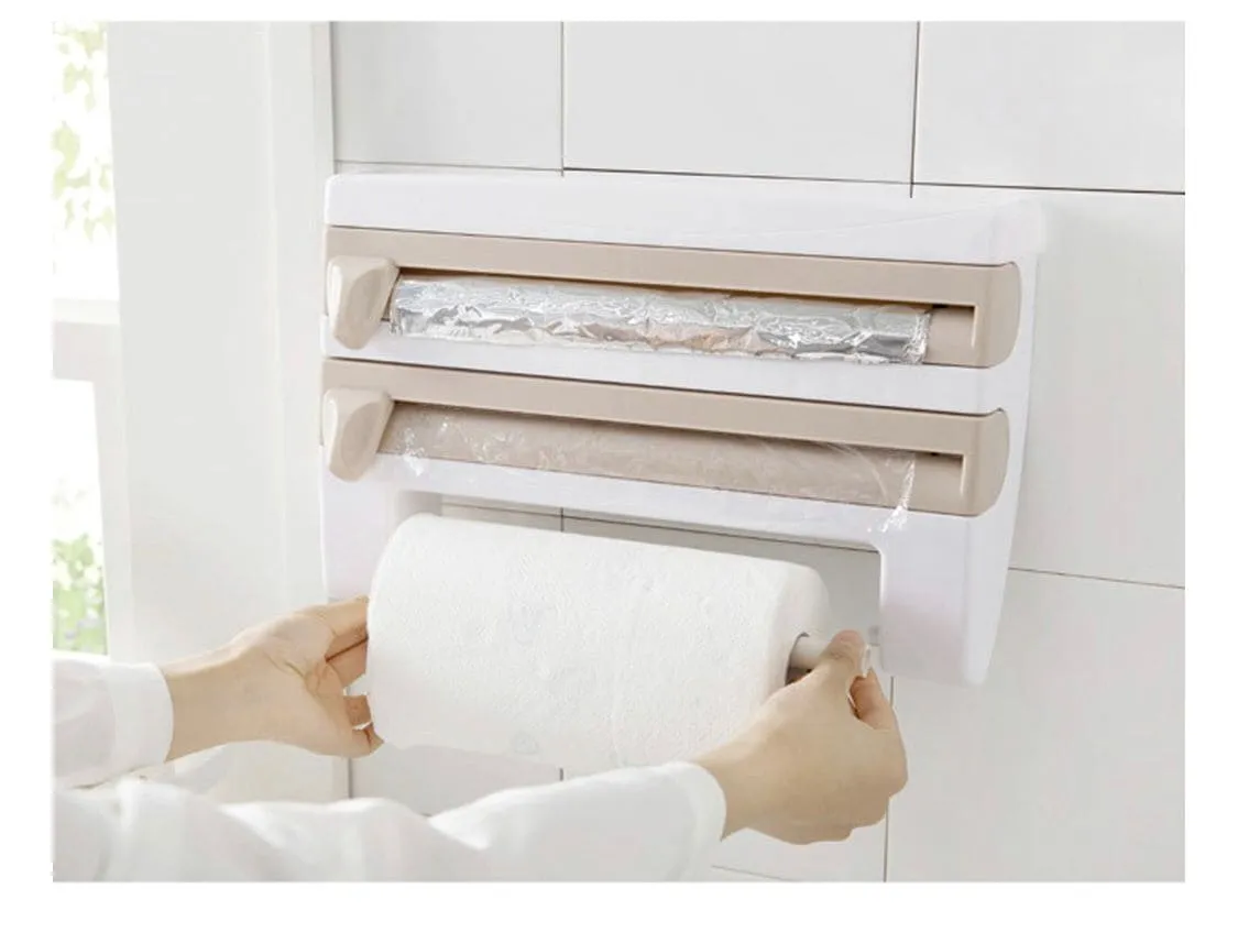 3 In 1 Multifunctional Kitchen Roll Holder, Cling Film Wall Mounted Paper Holder Shelf, Triple Food Wrap Dispenser, Kitchen Roll Holder With Spice Rack and Slide Cutter, Multifunctional Cling Film Cutter