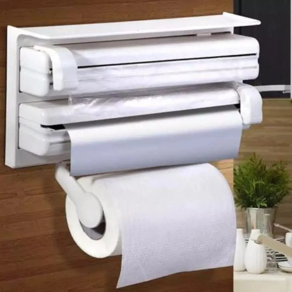 3 In 1 Multifunctional Kitchen Roll Holder, Cling Film Wall Mounted Paper Holder Shelf, Triple Food Wrap Dispenser, Kitchen Roll Holder With Spice Rack and Slide Cutter, Multifunctional Cling Film Cutter