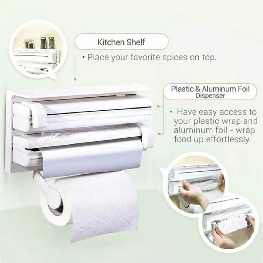 3 In 1 Multifunctional Kitchen Roll Holder, Cling Film Wall Mounted Paper Holder Shelf, Triple Food Wrap Dispenser, Kitchen Roll Holder With Spice Rack and Slide Cutter, Multifunctional Cling Film Cutter
