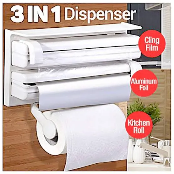 3 In 1 Multifunctional Kitchen Roll Holder, Cling Film Wall Mounted Paper Holder Shelf, Triple Food Wrap Dispenser, Kitchen Roll Holder With Spice Rack and Slide Cutter, Multifunctional Cling Film Cutter