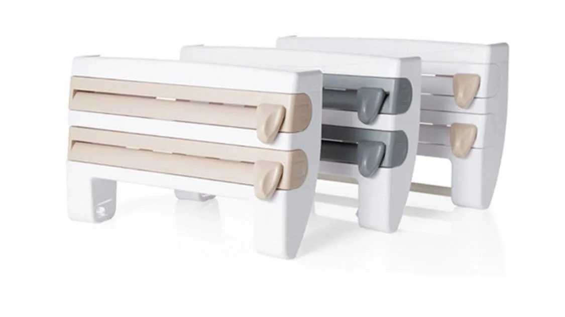 3 In 1 Multifunctional Kitchen Roll Holder, Cling Film Wall Mounted Paper Holder Shelf, Triple Food Wrap Dispenser, Kitchen Roll Holder With Spice Rack and Slide Cutter, Multifunctional Cling Film Cutter