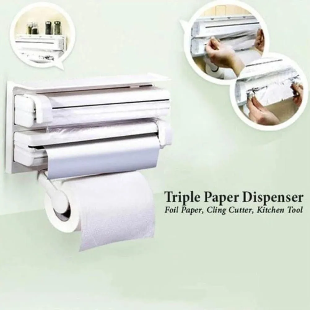 3 In 1 Multifunctional Kitchen Roll Holder, Cling Film Wall Mounted Paper Holder Shelf, Triple Food Wrap Dispenser, Kitchen Roll Holder With Spice Rack and Slide Cutter, Multifunctional Cling Film Cutter