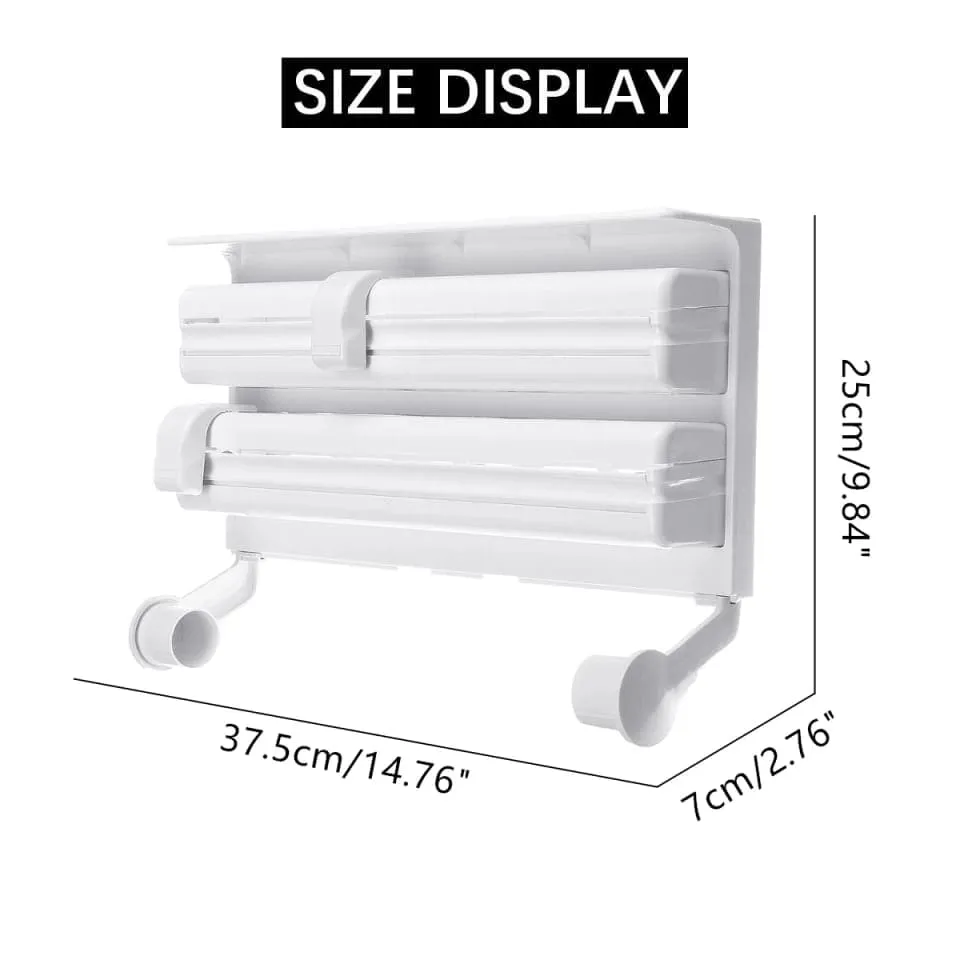 3 In 1 Multifunctional Kitchen Roll Holder, Cling Film Wall Mounted Paper Holder Shelf, Triple Food Wrap Dispenser, Kitchen Roll Holder With Spice Rack and Slide Cutter, Multifunctional Cling Film Cutter