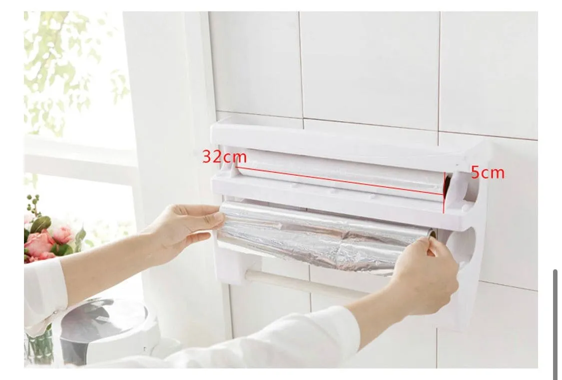 3 In 1 Multifunctional Kitchen Roll Holder, Cling Film Wall Mounted Paper Holder Shelf, Triple Food Wrap Dispenser, Kitchen Roll Holder With Spice Rack and Slide Cutter, Multifunctional Cling Film Cutter