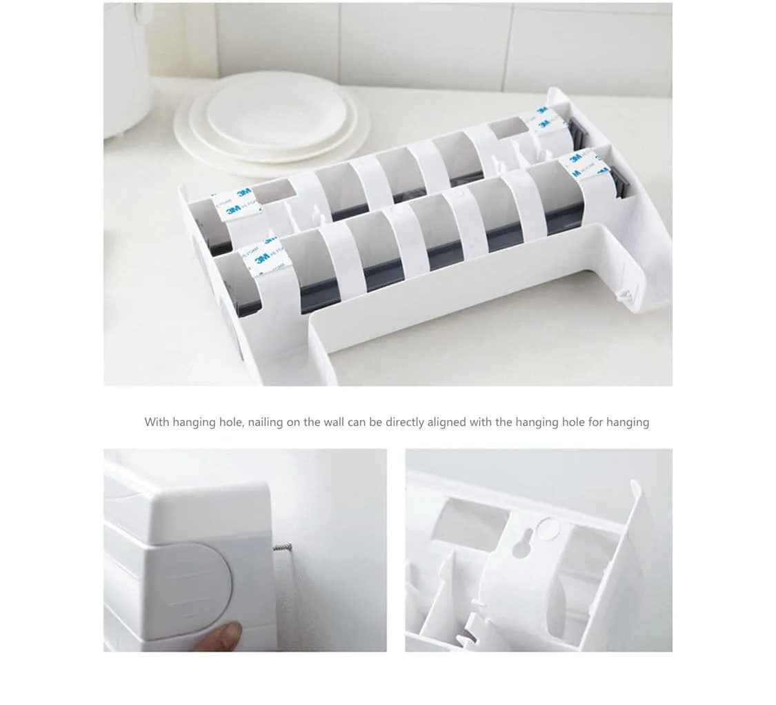 3 In 1 Multifunctional Kitchen Roll Holder, Cling Film Wall Mounted Paper Holder Shelf, Triple Food Wrap Dispenser, Kitchen Roll Holder With Spice Rack and Slide Cutter, Multifunctional Cling Film Cutter
