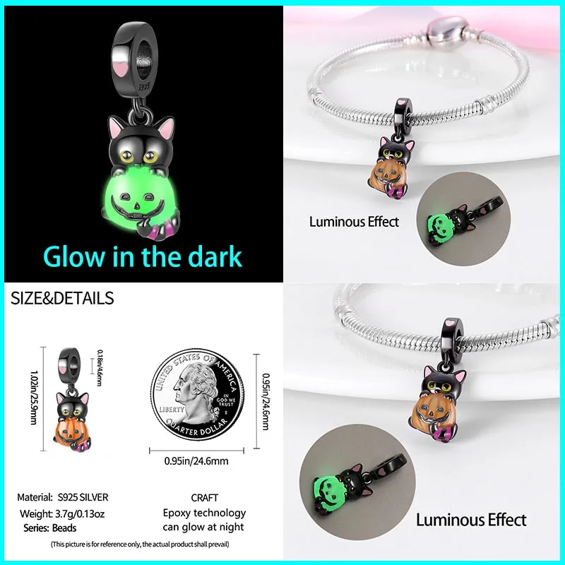Black Cat On Pumpkin Luminous Charm Beads