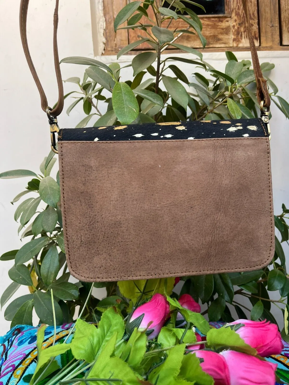 Black Golden Metallic Cowhide Sling Purse
