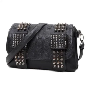 Black Messenger Bag Vintage Shoulder Bag with Cool Skull Rivets