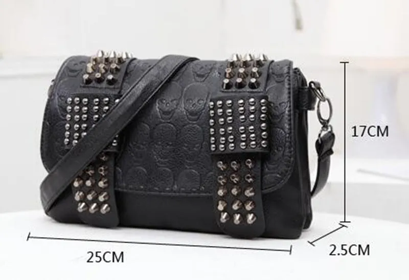Black Messenger Bag Vintage Shoulder Bag with Cool Skull Rivets