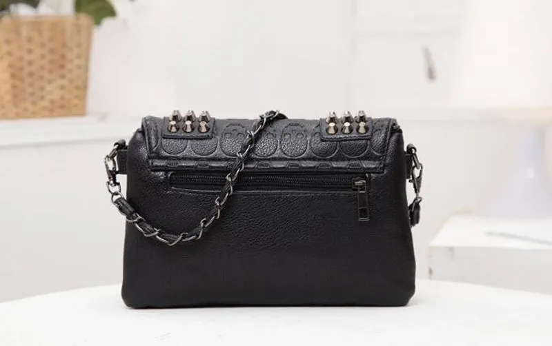Black Messenger Bag Vintage Shoulder Bag with Cool Skull Rivets