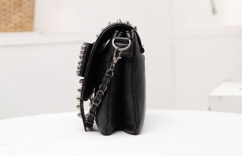 Black Messenger Bag Vintage Shoulder Bag with Cool Skull Rivets