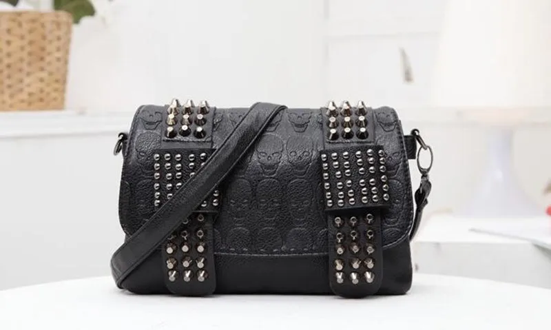 Black Messenger Bag Vintage Shoulder Bag with Cool Skull Rivets