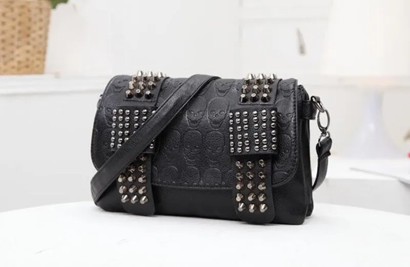 Black Messenger Bag Vintage Shoulder Bag with Cool Skull Rivets