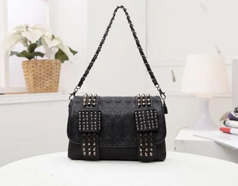 Black Messenger Bag Vintage Shoulder Bag with Cool Skull Rivets