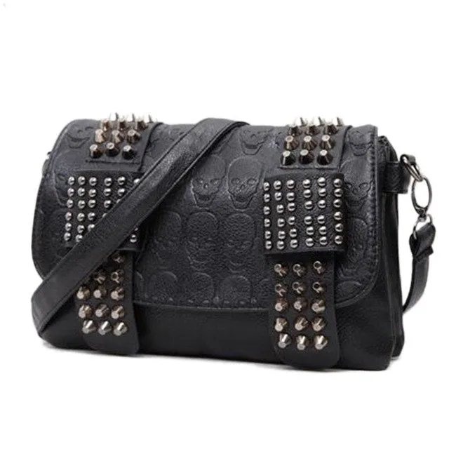 Black Messenger Bag Vintage Shoulder Bag with Cool Skull Rivets
