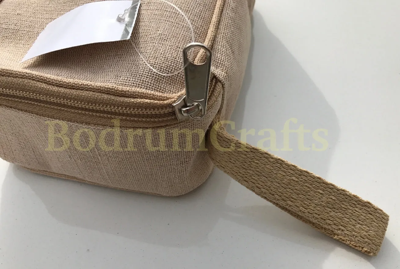 Canvas and Jute Travel Kit Bag Dopp Kit, Cosmetic Makeup Zippered Bags