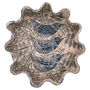 Ceramic Fluted Green Sgraffito Three Birds Bowl
