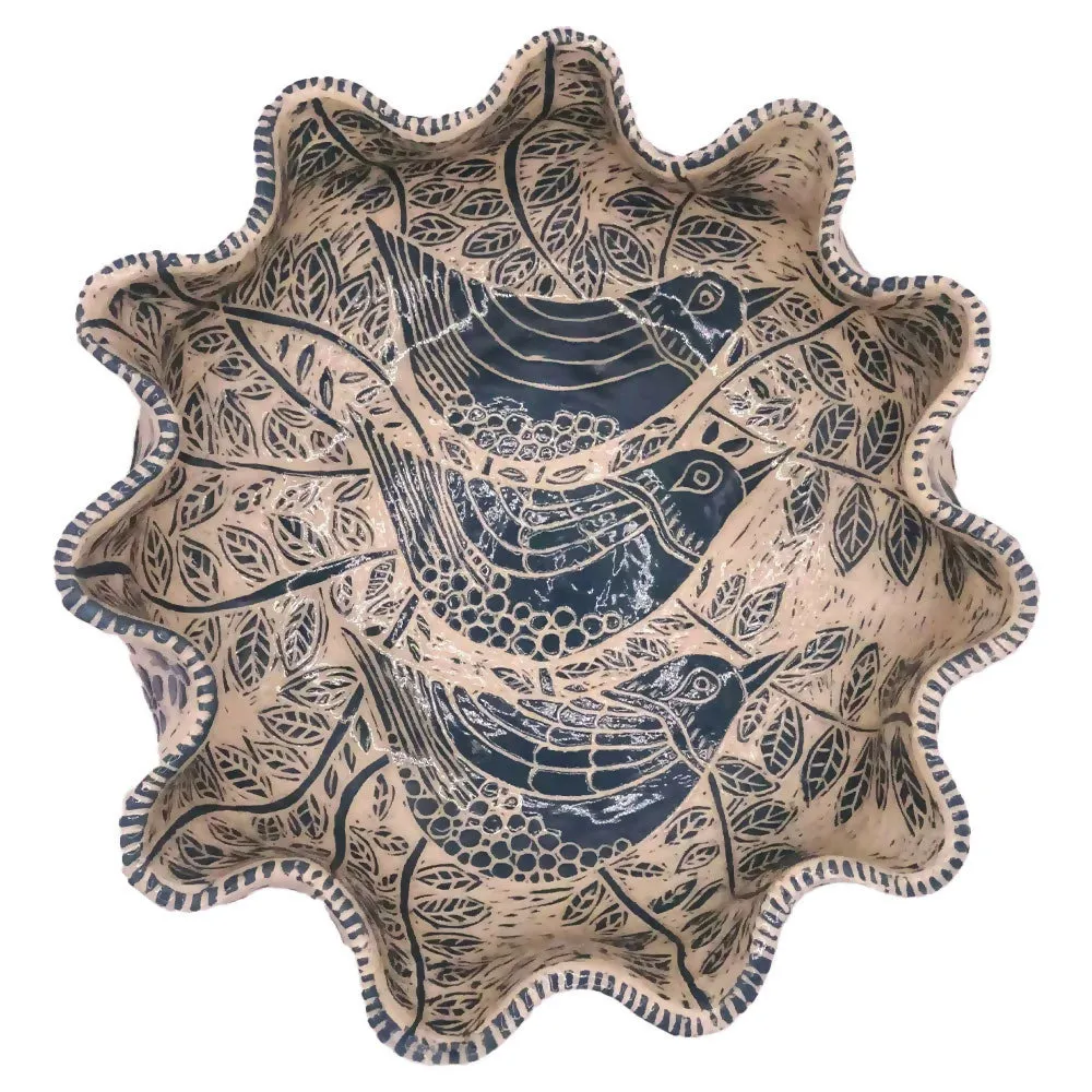 Ceramic Fluted Green Sgraffito Three Birds Bowl