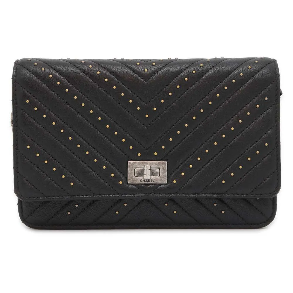 CHANEL 2.55 Chevron Studded Chain Wallet Black Lambskin