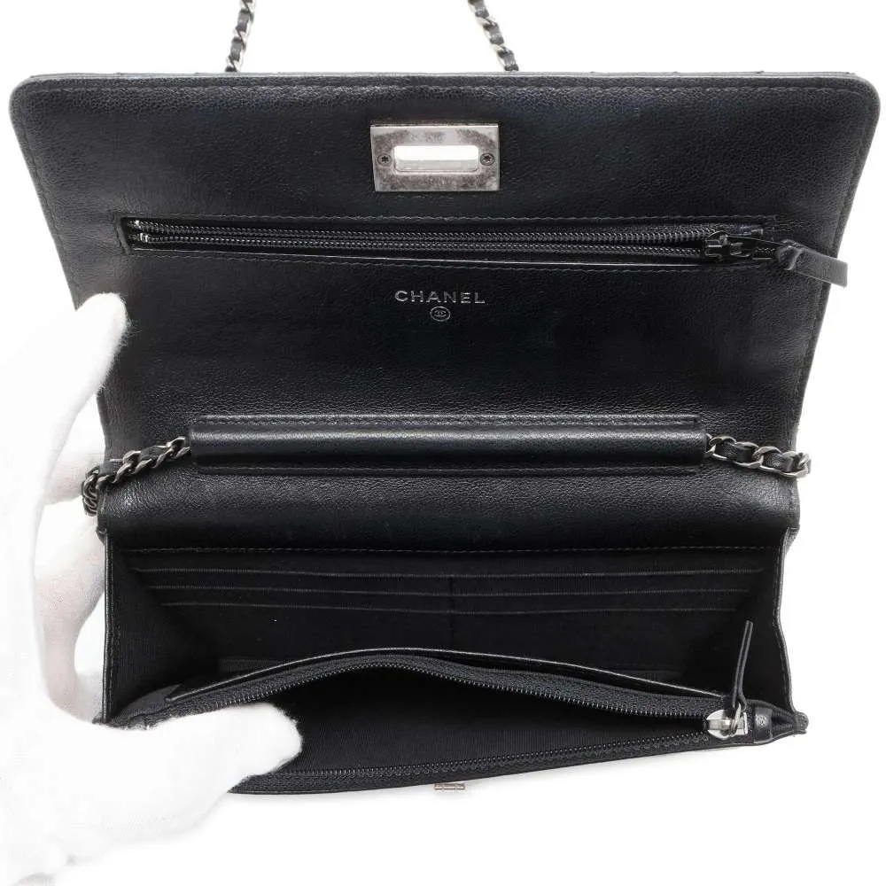 CHANEL 2.55 Chevron Studded Chain Wallet Black Lambskin