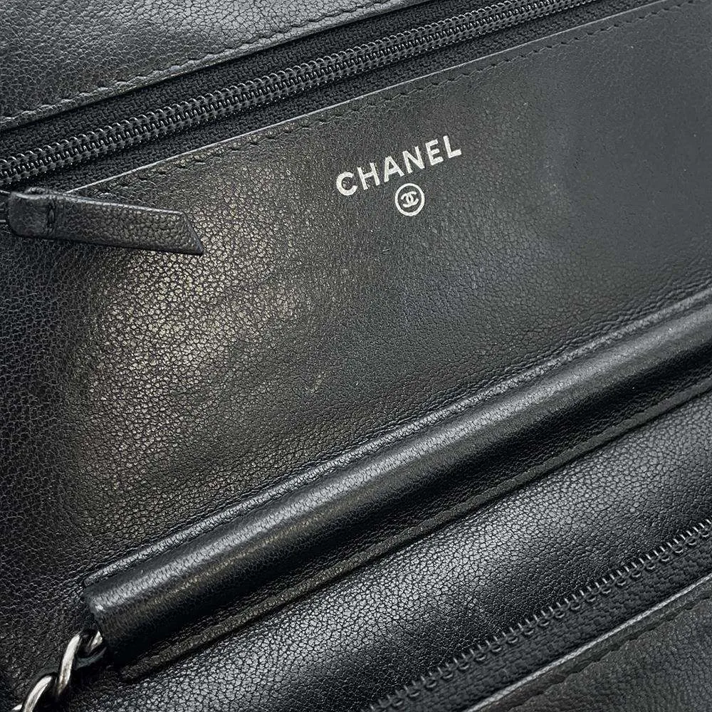 CHANEL 2.55 Chevron Studded Chain Wallet Black Lambskin