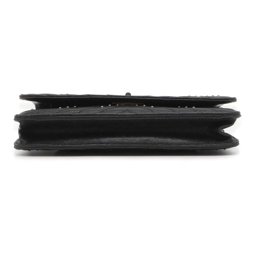 CHANEL 2.55 Chevron Studded Chain Wallet Black Lambskin