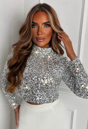 Chase A Feeling Silver Long Sleeve Sequin Crop Top
