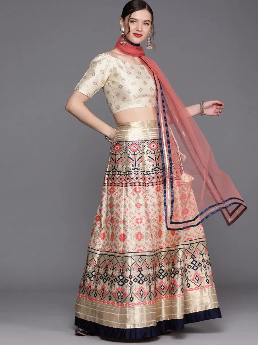 Cream Golden Woven SemiStitched Lehenga with Woven Blouse and Dupatta
