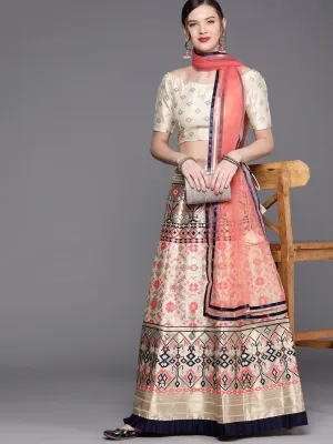 Cream Golden Woven SemiStitched Lehenga with Woven Blouse and Dupatta