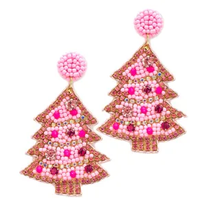 Dazzling Pink Beaded Xmas Tree Earrings