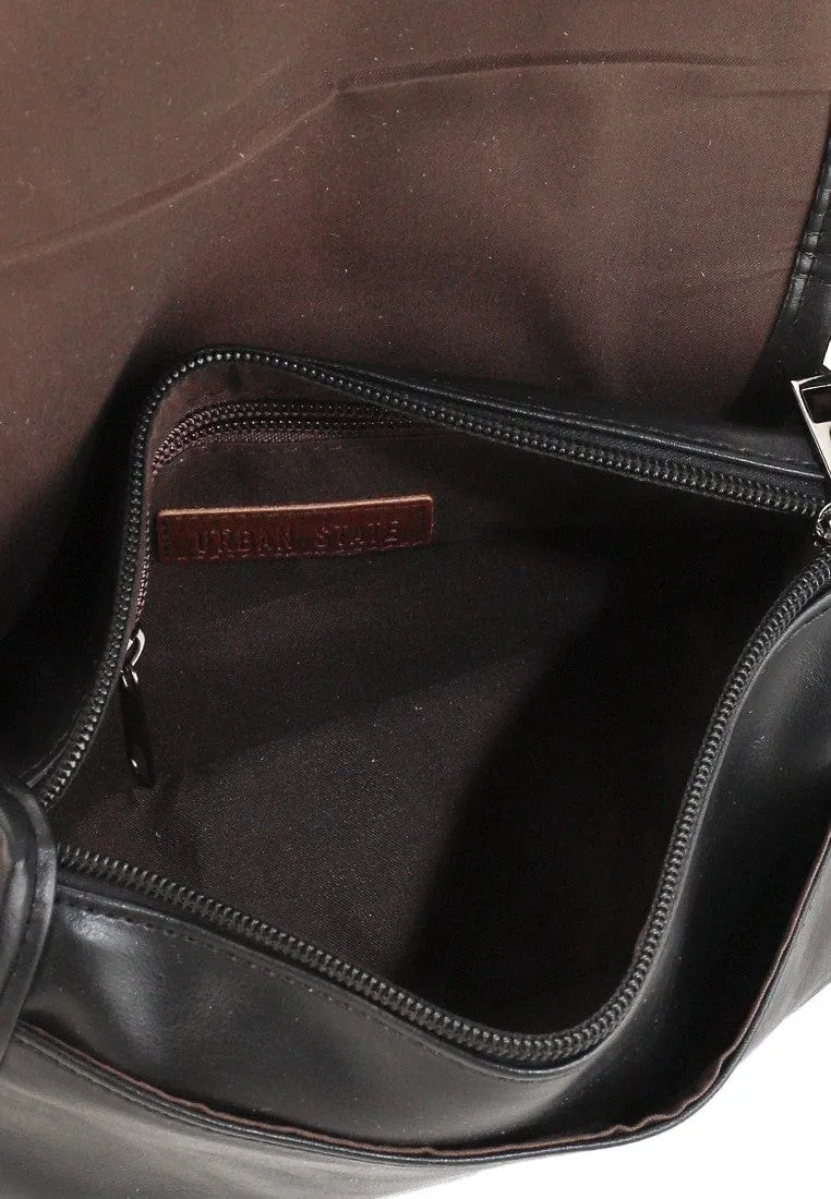 Distressed Leather Button Flap Crossbody Bag - Black