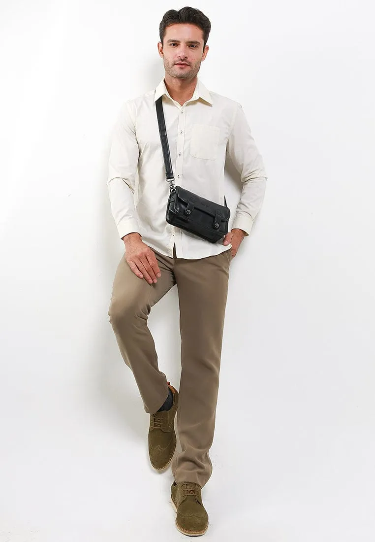 Distressed Leather Button Flap Crossbody Bag - Black