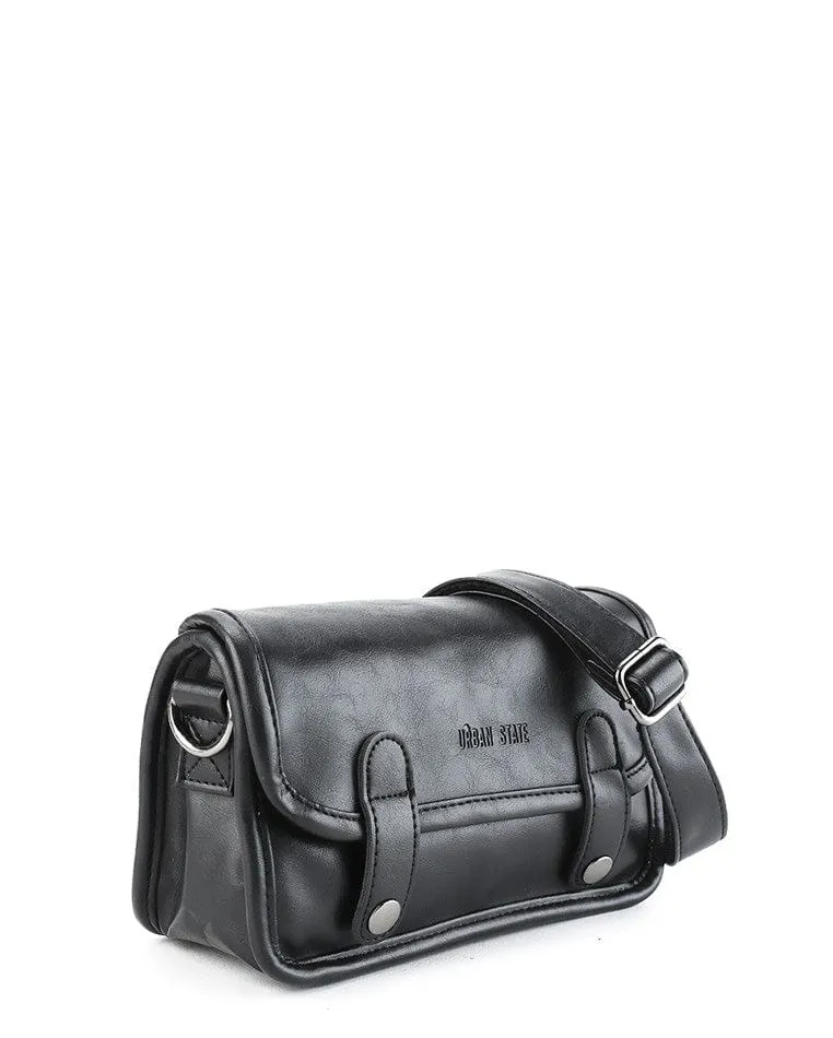 Distressed Leather Button Flap Crossbody Bag - Black