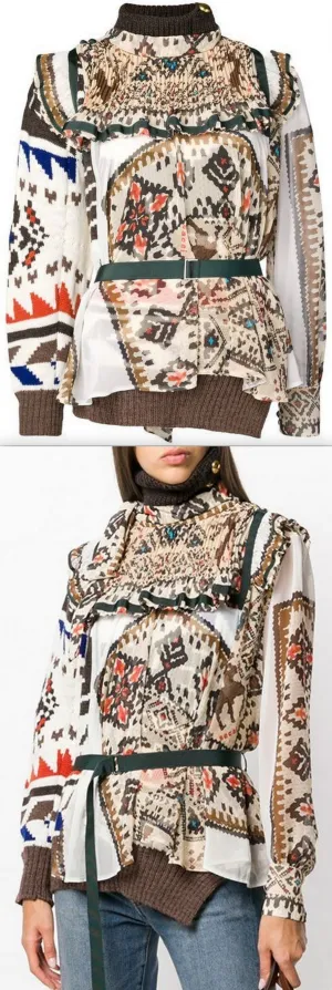 Embroidered Roll-Neck Navajo Print Sweater, Brown