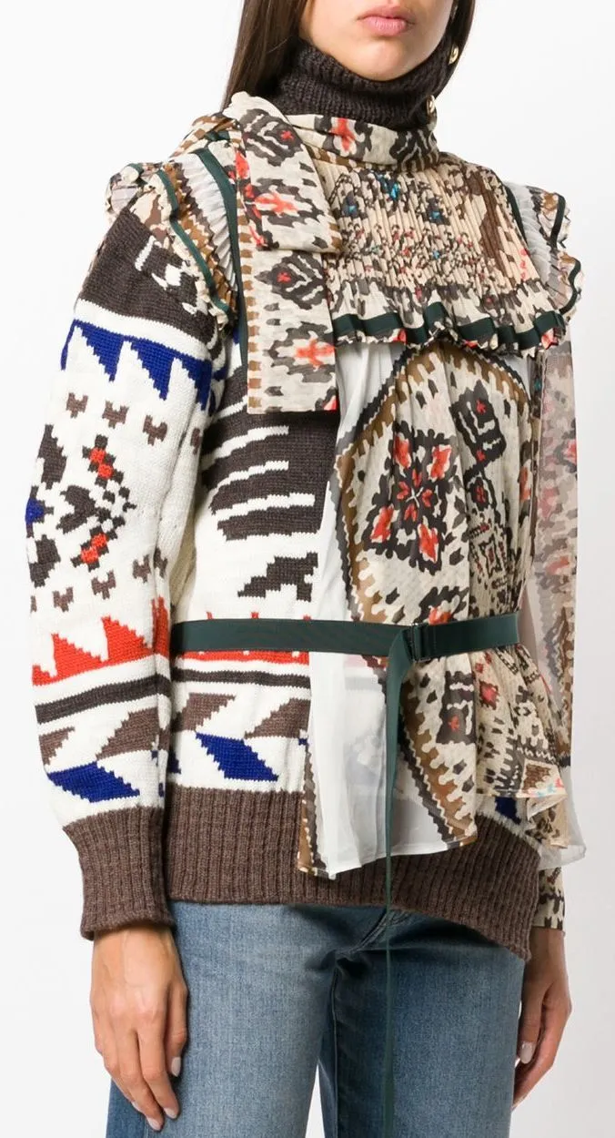 Embroidered Roll-Neck Navajo Print Sweater, Brown