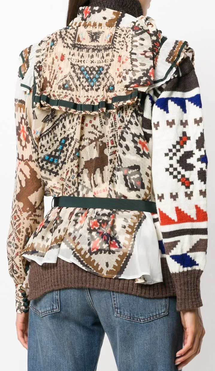 Embroidered Roll-Neck Navajo Print Sweater, Brown