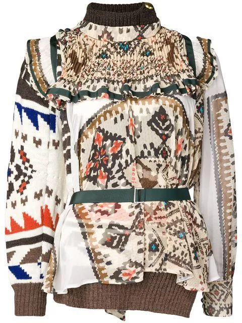 Embroidered Roll-Neck Navajo Print Sweater, Brown