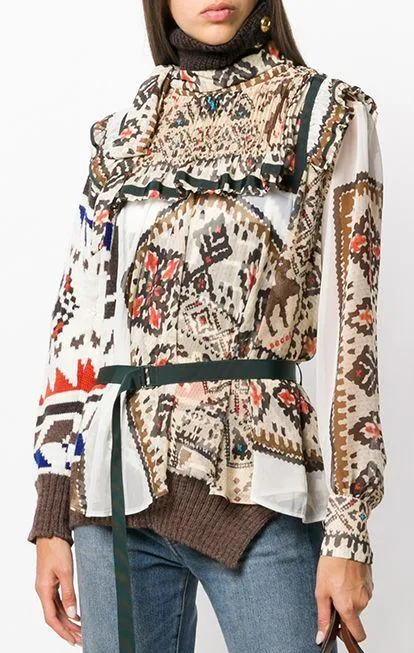 Embroidered Roll-Neck Navajo Print Sweater, Brown