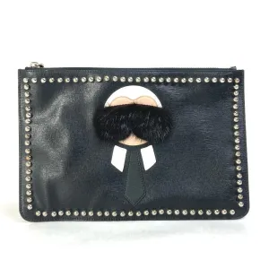 FENDI Clutch bag Leather, Fur black studded pouch Karl Lagerfeld Carlito