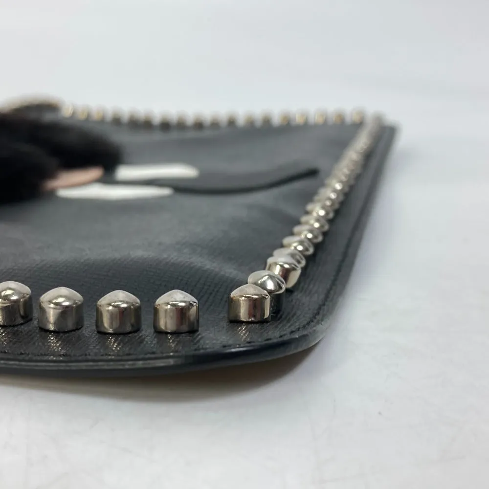 FENDI Clutch bag Leather, Fur black studded pouch Karl Lagerfeld Carlito