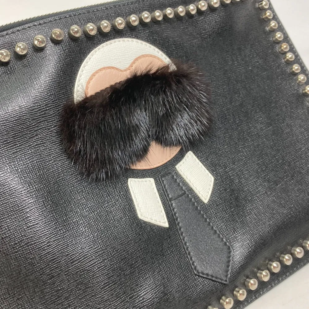 FENDI Clutch bag Leather, Fur black studded pouch Karl Lagerfeld Carlito