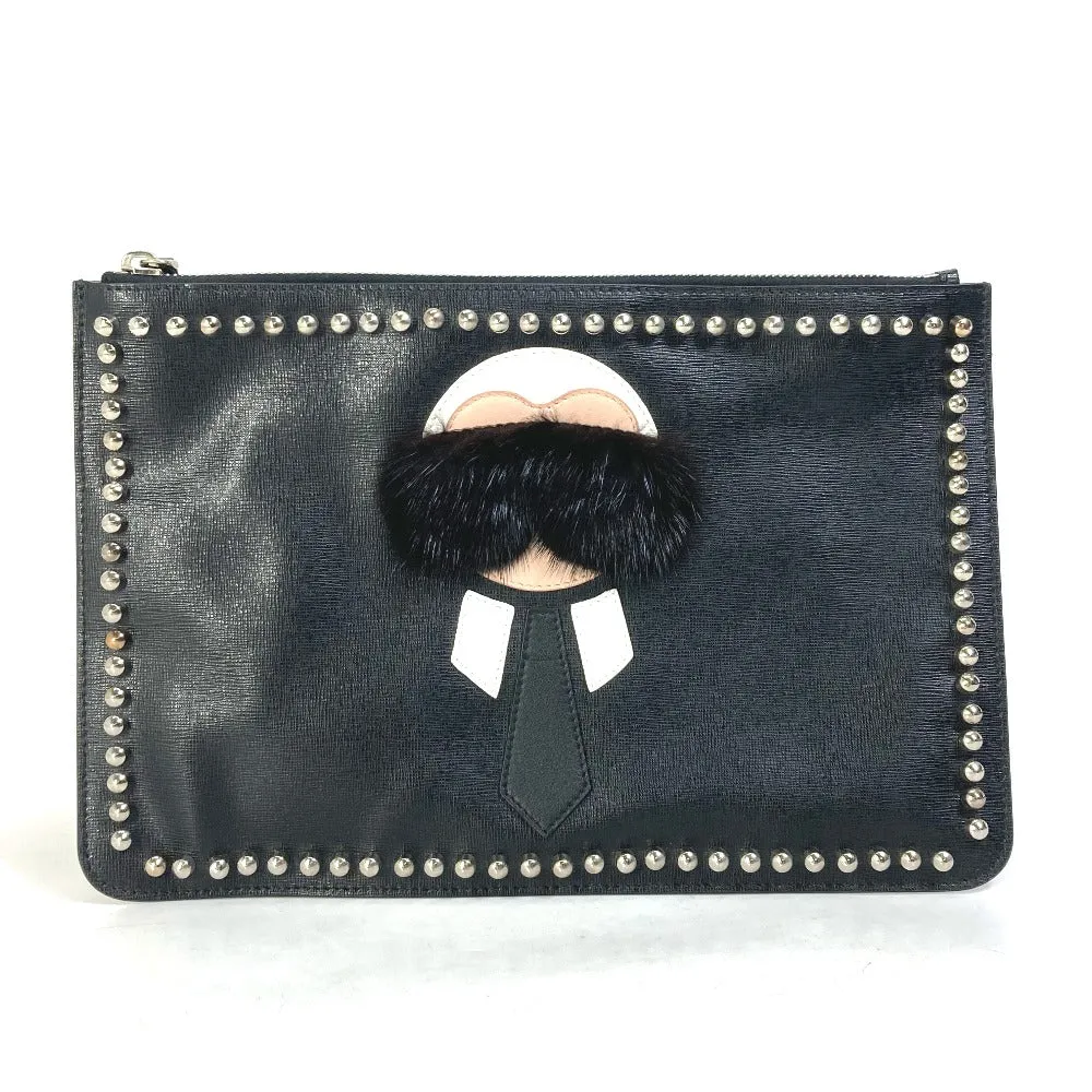 FENDI Clutch bag Leather, Fur black studded pouch Karl Lagerfeld Carlito