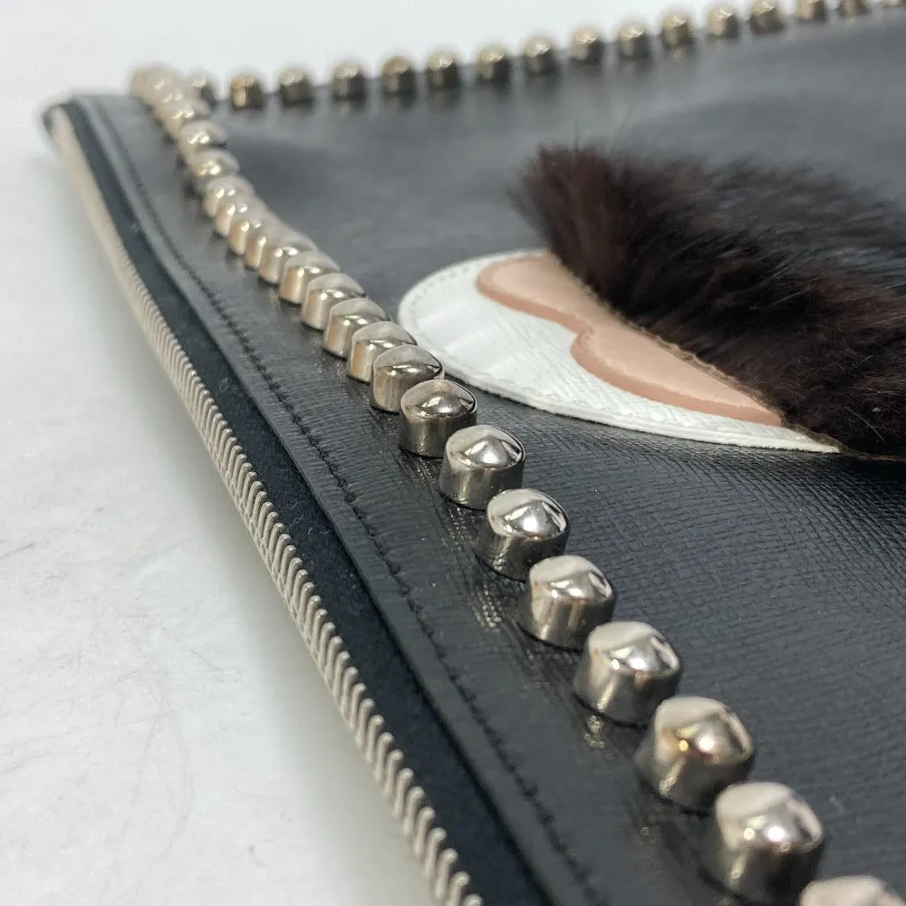 FENDI Clutch bag Leather, Fur black studded pouch Karl Lagerfeld Carlito