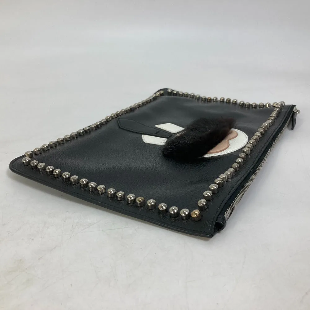 FENDI Clutch bag Leather, Fur black studded pouch Karl Lagerfeld Carlito